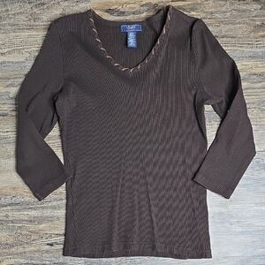 Chaps Dark Brown V-Neck Top with Stitch Detail